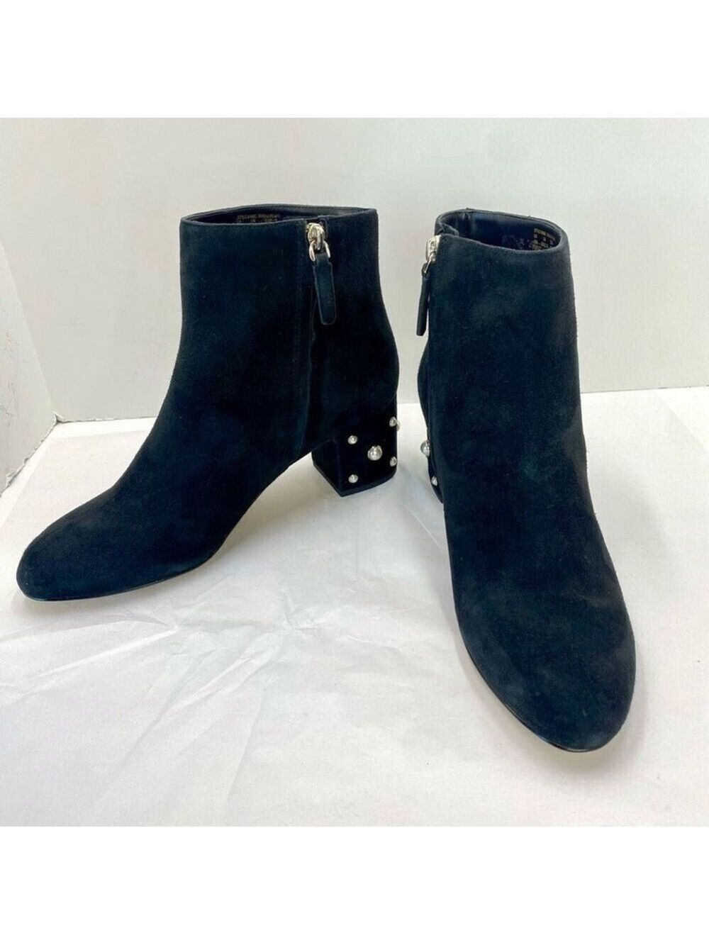 Kate Spade Womens 10 B Black Suede Taraji Faux Pearl Zip Block Heel Bootie